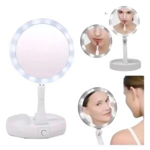 Espelho de Maquiagem LED Dobrável com Aumento 10x e Dupla Face, Articulado de Mesa para Maquiagem e Skincare